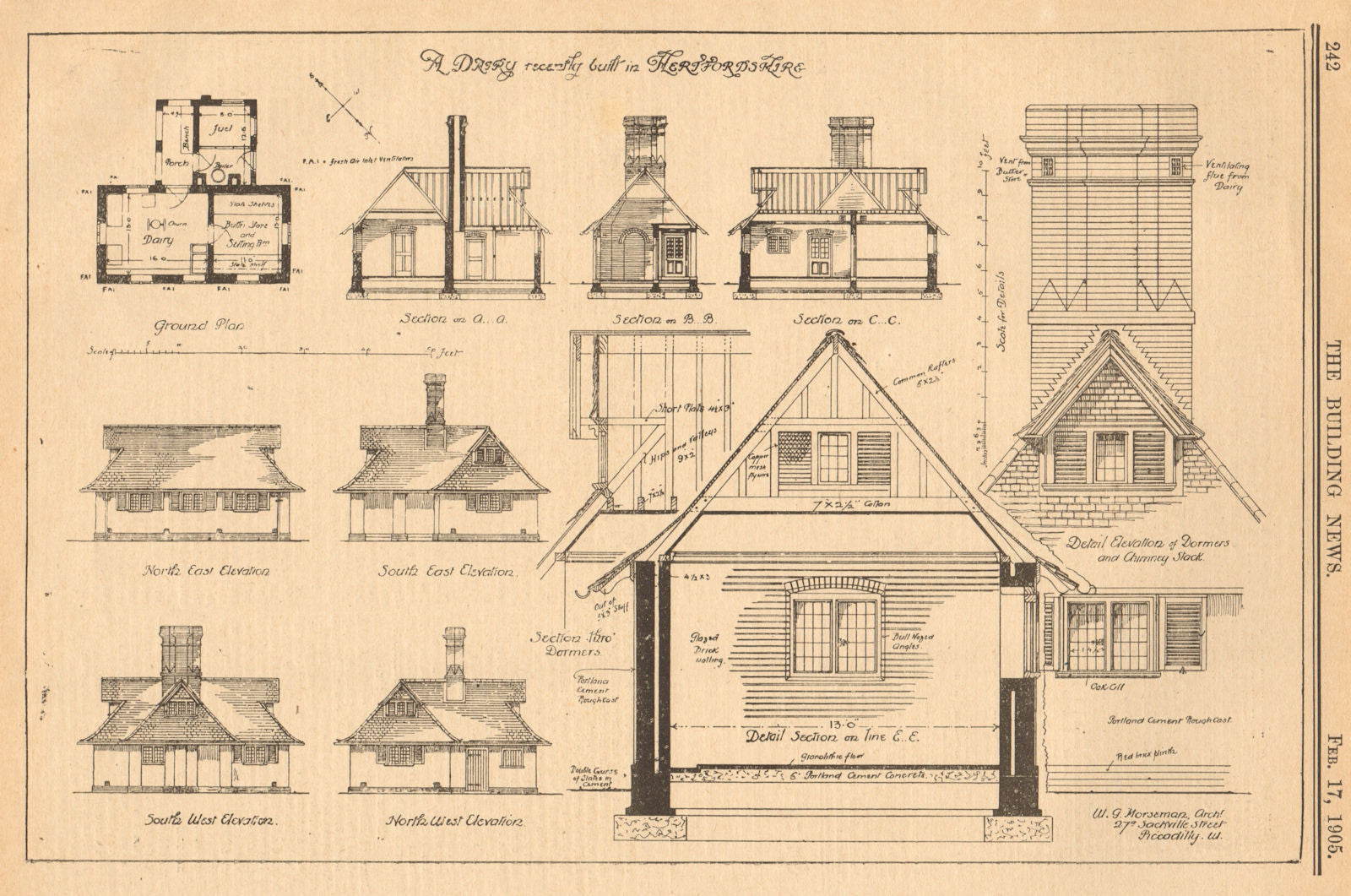 A dairy built in Hertfordshire, W.G. Horseman, Archt. Elevations & plans 1905